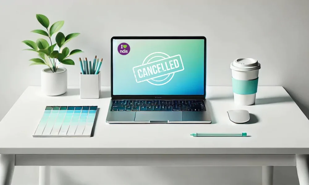 A clean, minimalist desk setup with a laptop displaying "CANCELLED" on its screen. The laptop has an "I love NDIS" logo in the corner. The desk also features a plant, pencil holder, coffee cup, and color-coded notepad, all in shades of white and teal, matching the laptop's screen colors.