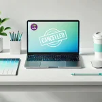 A clean, minimalist desk setup with a laptop displaying "CANCELLED" on its screen. The laptop has an "I love NDIS" logo in the corner. The desk also features a plant, pencil holder, coffee cup, and color-coded notepad, all in shades of white and teal, matching the laptop's screen colors.