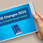 a person holding a tablet. On the screen of the tablet, there is text that reads "NDIS Changes 2024 [Your Complete Simple Guide]". Below this text, there is an illustration of a book with the word "LAW" on the cover and "ndis" written on the spine. In the top right corner of the image, there is a logo consisting of a puzzle piece design with the text "UNIQUE INDIVIDUAL SUPPORT PLAN MANAGER" next to it.