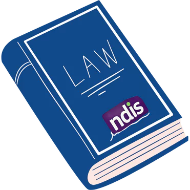 an illustration of a blue book with the word "LAW" written on the cover in large white letters. Below the word "LAW," there is a logo for "ndis," which is the National Disability Insurance Scheme in Australia. The book is depicted with a simple, stylized design, and the edges of the pages are shown in a light pink color.