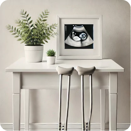 a simple, elegant setup with a white table against a light-colored wall. On the table, there are two potted plants: a larger one with long, green leaves and a smaller one with short, bushy foliage. In the center of the table is a framed ultrasound image, which appears to be of a developing fetus. In front of the table are two crutches, leaning against it. The overall scene conveys a sense of calm and anticipation, possibly related to an upcoming birth.