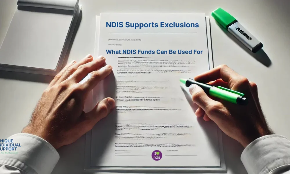a person holding a green highlighter pen, poised over a document titled "NDIS Supports Exclusions" with a subtitle "What NDIS Funds Can Be Used For." The text on the document is mostly blurred and unreadable. The person's left hand is resting on the document, and there is a notepad to the left. In the bottom left corner, there is a logo with a puzzle piece design and the text "Unique Individual Support Plan Manager." In the bottom right corner of the document, there is a small circular logo with the text "I love NDIS" with a heart symbol. A green highlighter is placed on the table next to the document.