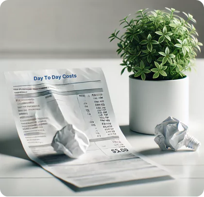 a piece of paper with the title "Day To Day Costs" printed at the top. The paper appears to be a receipt or a bill, with various numbers and text printed on it, though the details are not fully clear. The paper is slightly crumpled and is placed on a flat surface. Next to the paper, there are two crumpled pieces of paper, resembling balls of discarded paper. In the background, there is a small potted plant with green leaves, adding a touch of nature to the scene.