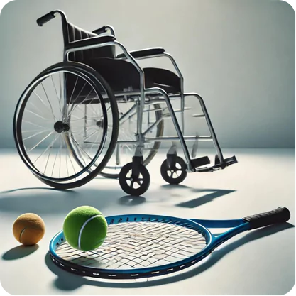 a wheelchair positioned in the background on a smooth surface. In the foreground, there is a blue tennis racket lying flat on the ground. Next to the racket, there are two balls: one is a standard green tennis ball, and the other is an orange ball, which could be a tennis ball or a similar type of ball.
