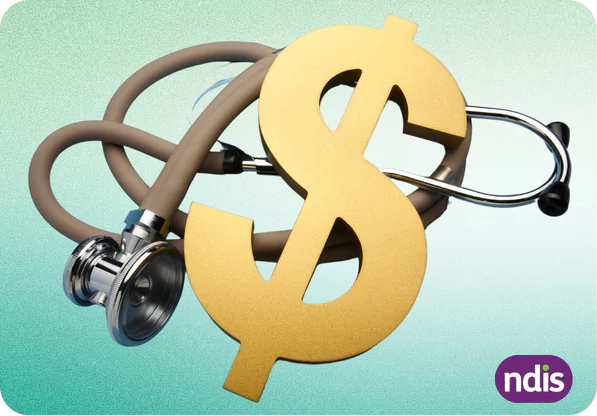 a large, gold-colored dollar sign intertwined with a stethoscope, symbolizing the connection between healthcare and financial aspects. The background is a gradient of light blue to green. In the bottom right corner, there is a purple oval with the letters "ndis" in white, which stands for the National Disability Insurance Scheme.